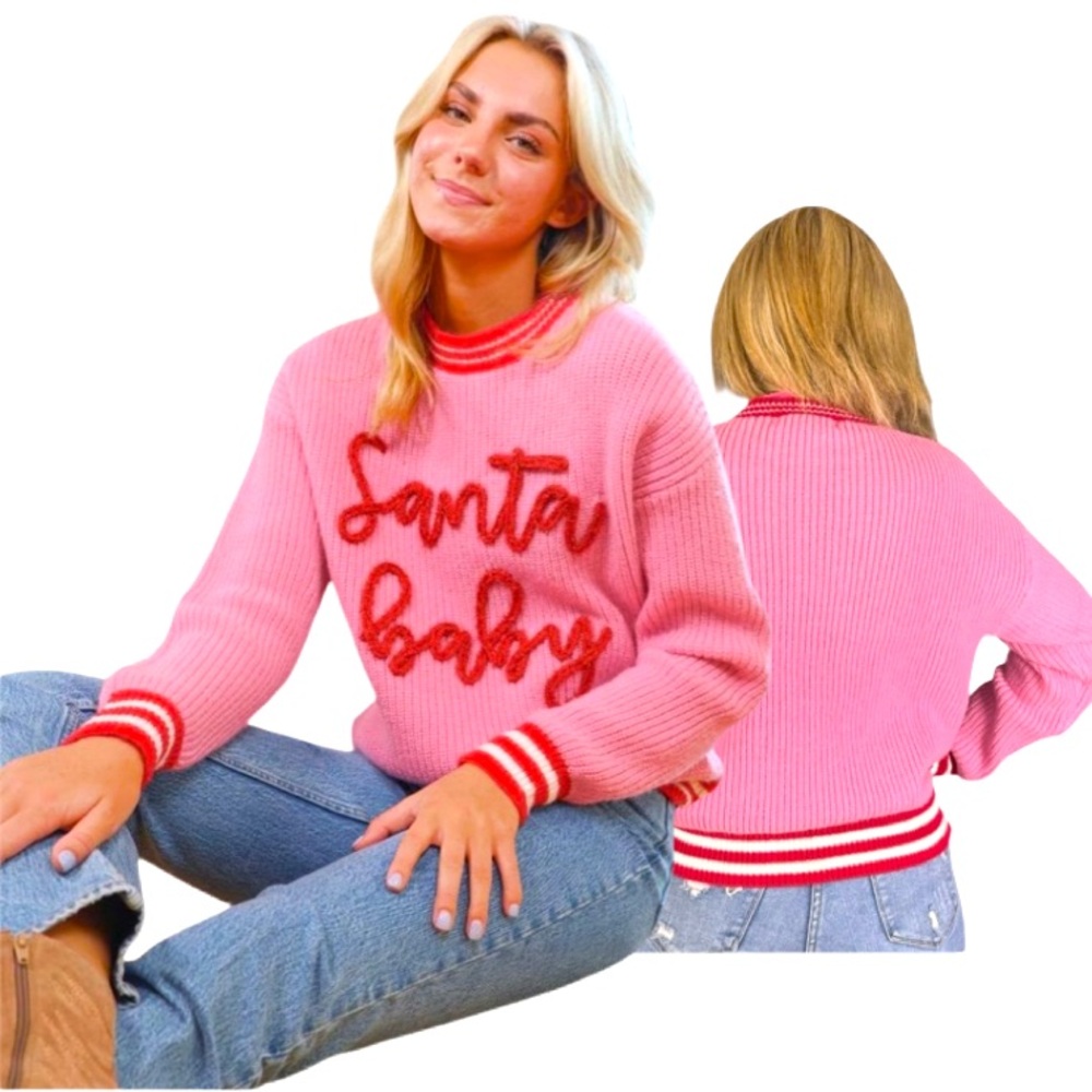 SIMPLY SOUTHERN Santa Baby Striped Sparkly Pink Christmas Sweater Size XXL - Picture 2 of 7